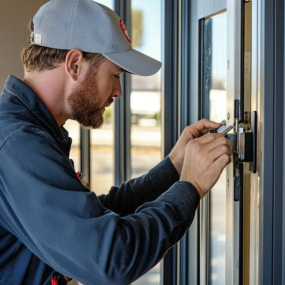 locksmith working on a lock in a business door
