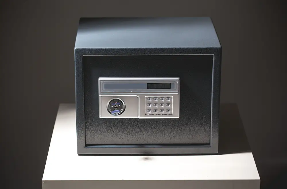 a safety deposit box on a table